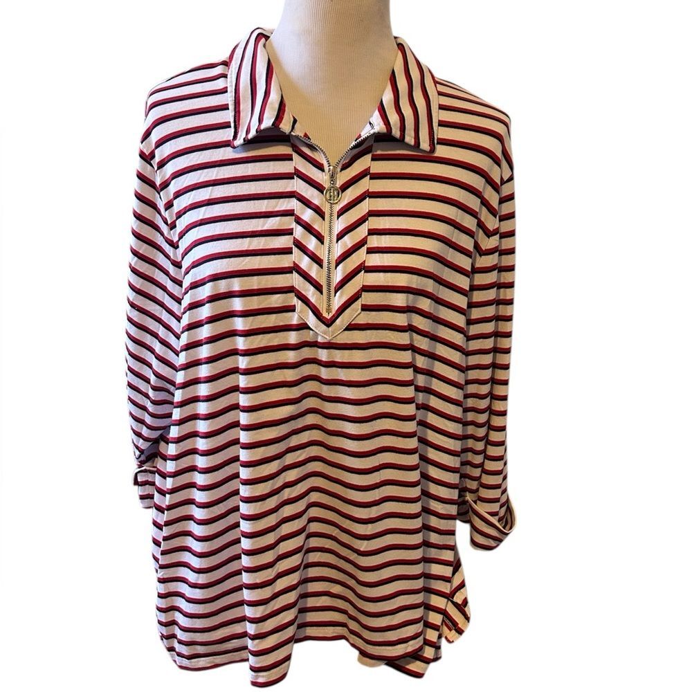 Tommy Hilfiger Women's Half Zip Stripe Top White Red Stripe Size 2X
